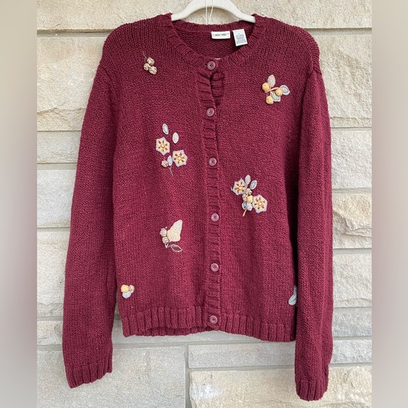 Cherokee Sweaters - Vtg Cherokee Maroon Floral Detail Grandma Cottagecore Thick Knit Cardigan Sz L